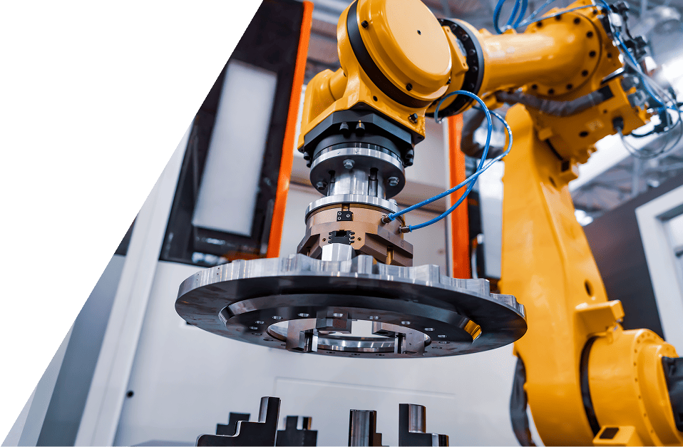 Orange robotic arm performing automated assembly operations